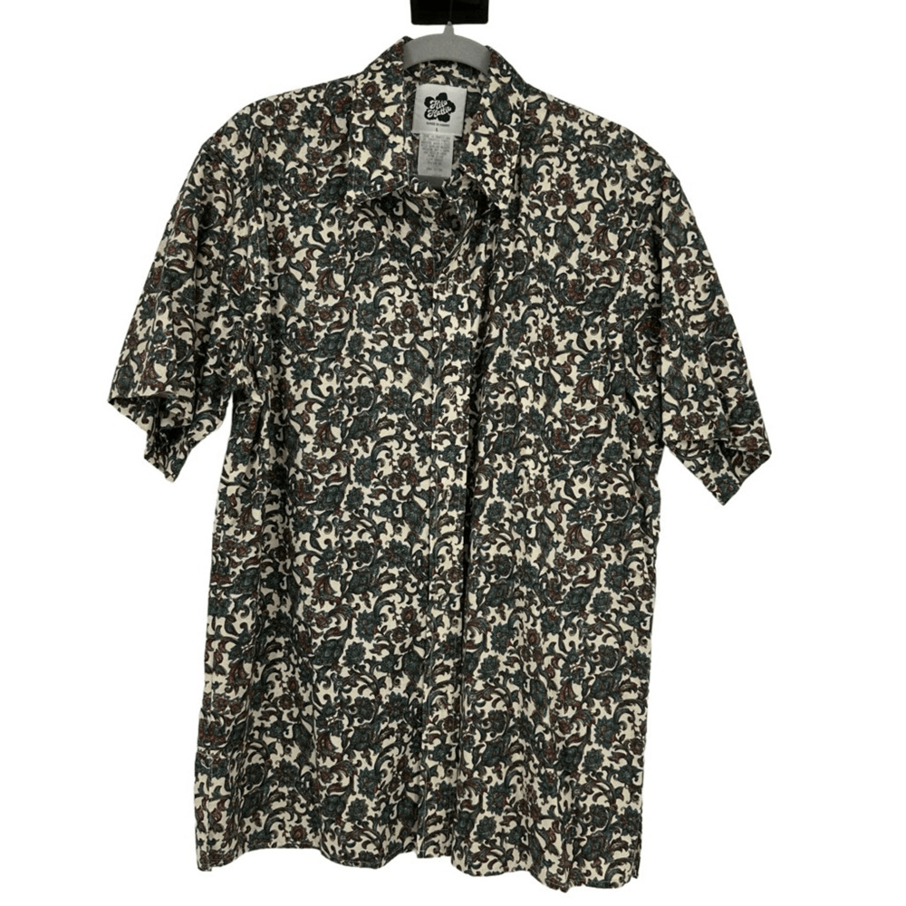 Vintage Hilo Hattie Hawaiian Mens Shirt Size L Floral Cream Green Vacation